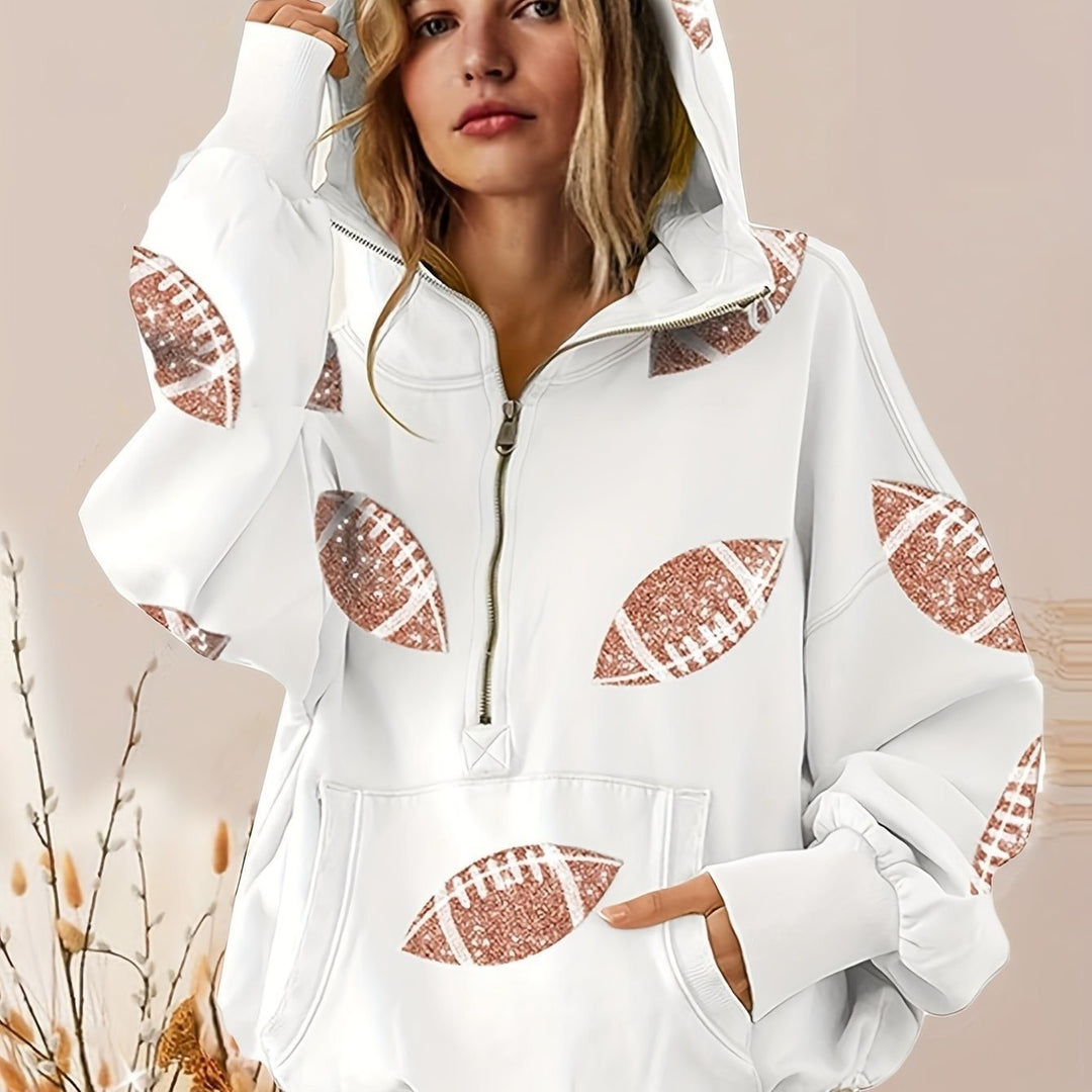 Women's Oversized Hoodie with Half Zipper and Sequin Football Application