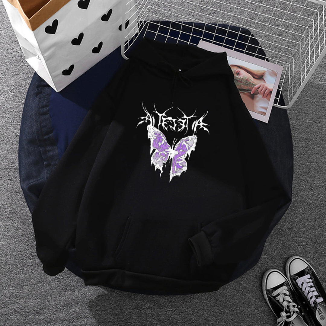 Women Light Oversized Hoodie with Heart EKG Motif, Long Cords and Elastic Cuff