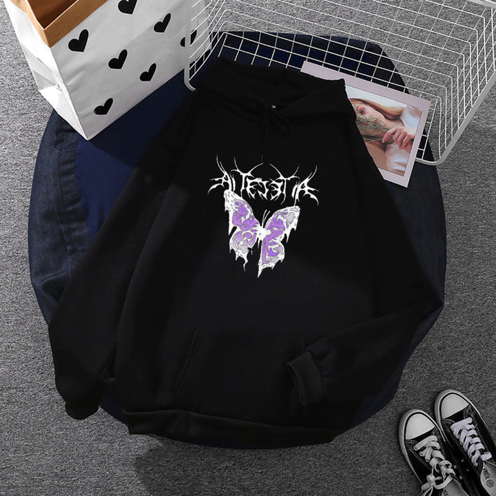 Women Light Oversized Hoodie with Heart EKG Motif, Long Cords and Elastic Cuff