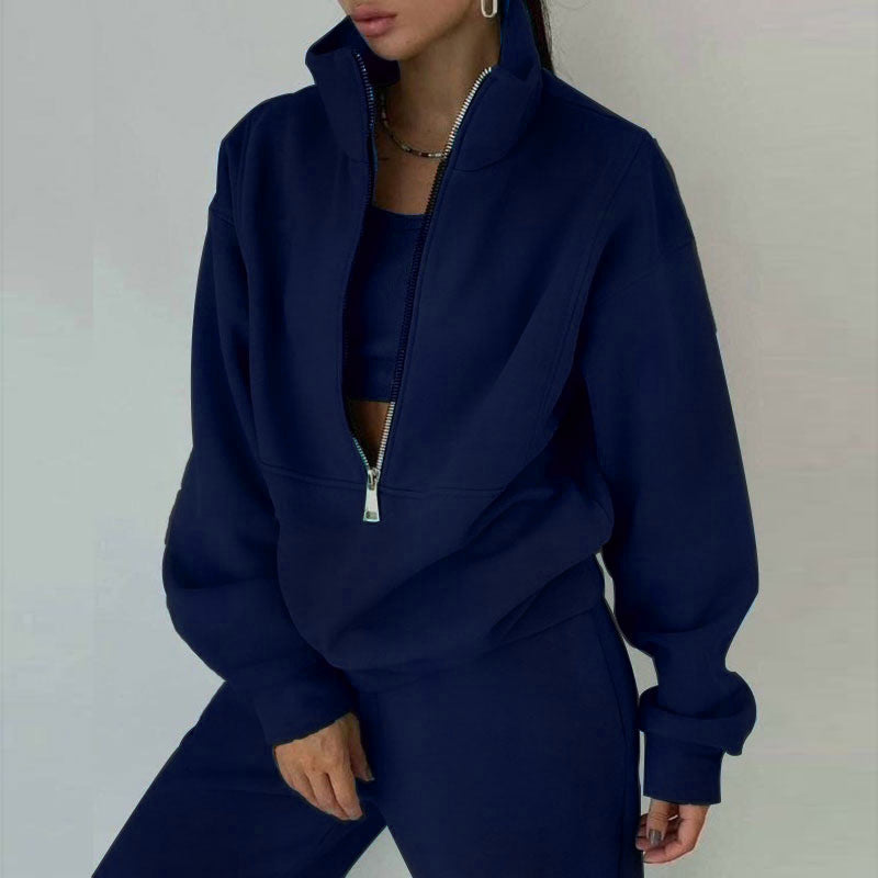 Women's Short Half-zip Sweatshirt and Jogging Pants Set with Stand-up Collar, Oversized Cut and Soft French Terry
