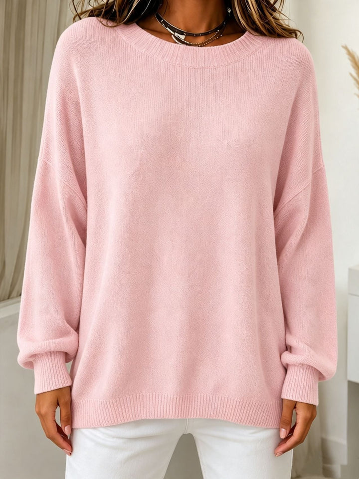 Women Light Cashmere-Touch Sweater with Round Neck, Dropped Shoulder and Ribbed Cuffs