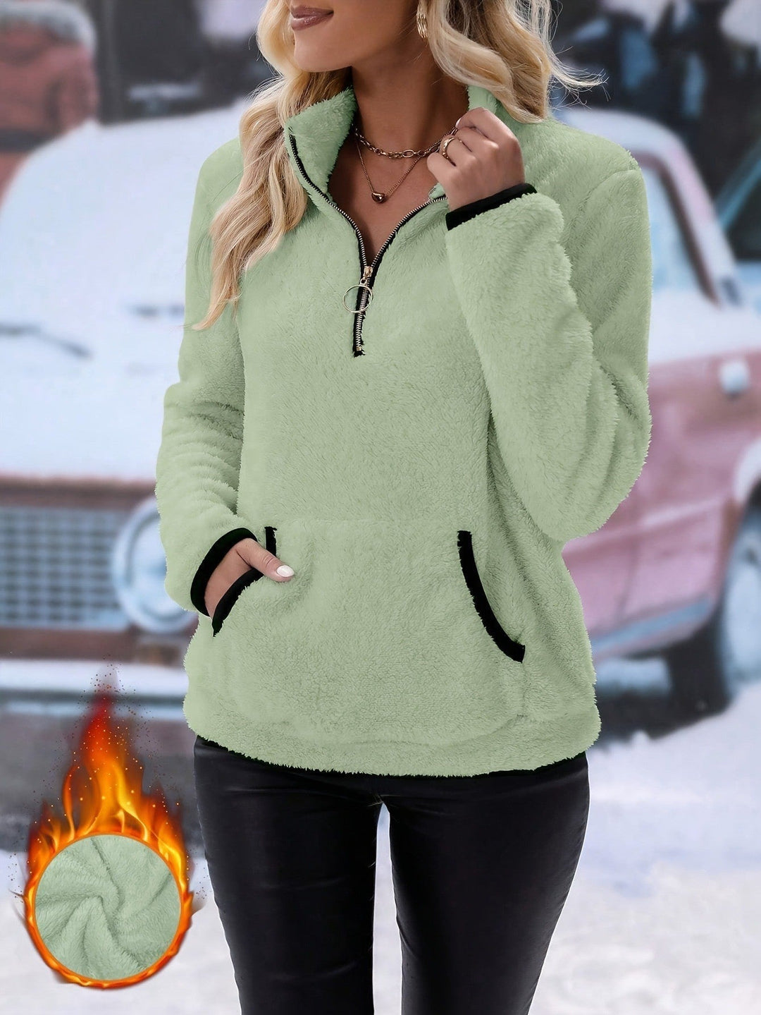 Women's Fleece Pullover with Contrasting Pockets and Zipper