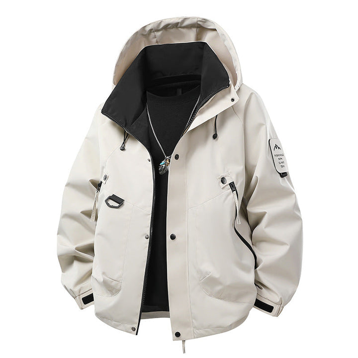 Men's Waterproof Outdoor Utility Rain Jacket with Hood, Multiple Pockets and Adjustable Hem