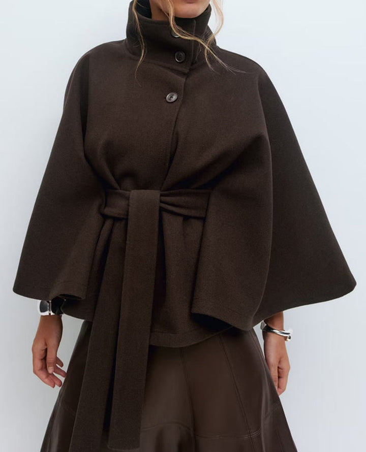 Women's Widely Cut Cape Coat with High Stand-up Collar, Button Placket, and Tie Belt