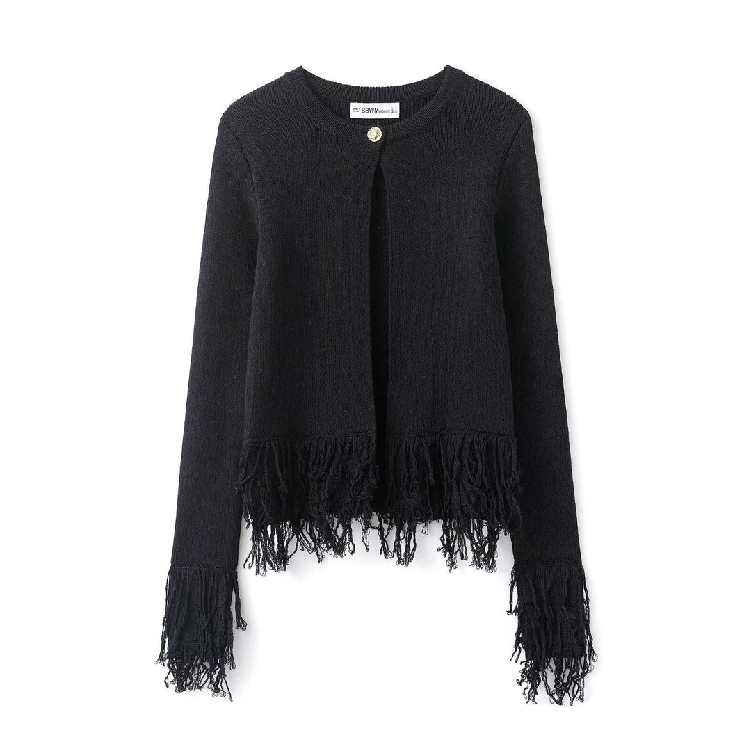 Women's Knitted Cropped Cardigan with Fringe Trim and Round Neck