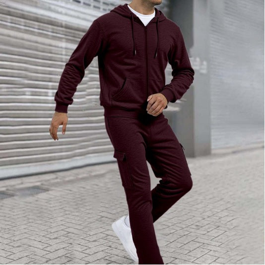 Men's Sporty Zip Sweat Set with Cargo Joggers, Ergonomic Seams, and Ribbed Cuffs