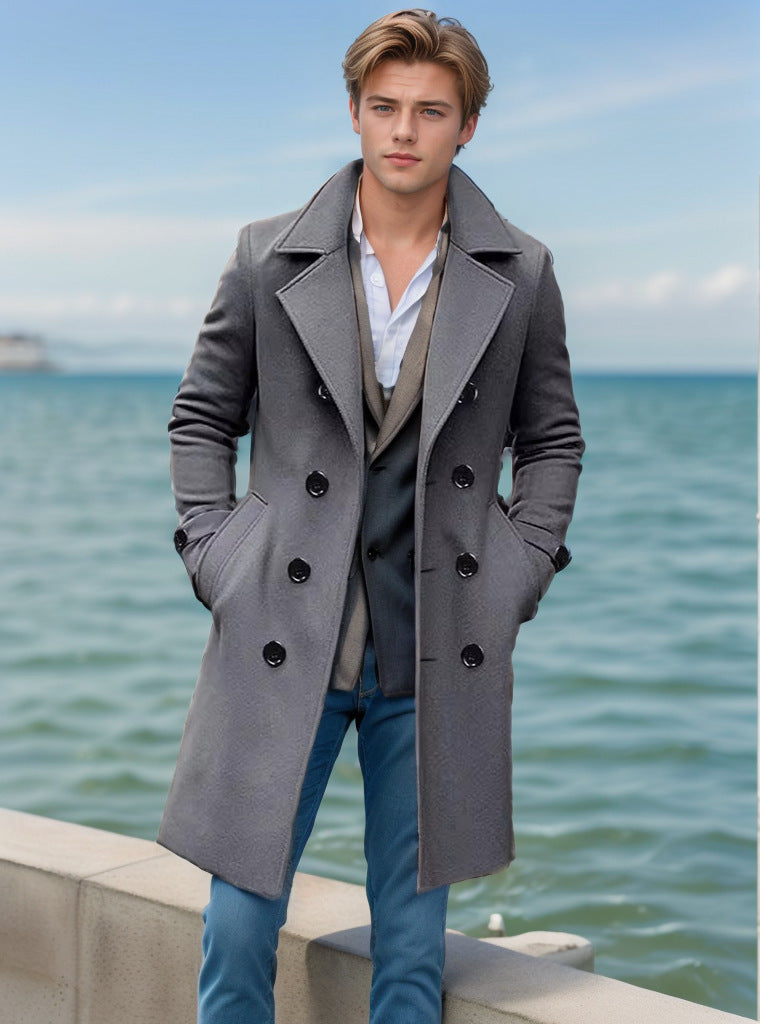 Men's Elegant Single-Breasted Long Coat made of Wool Blend with Slim Silhouette and Lapel Collar