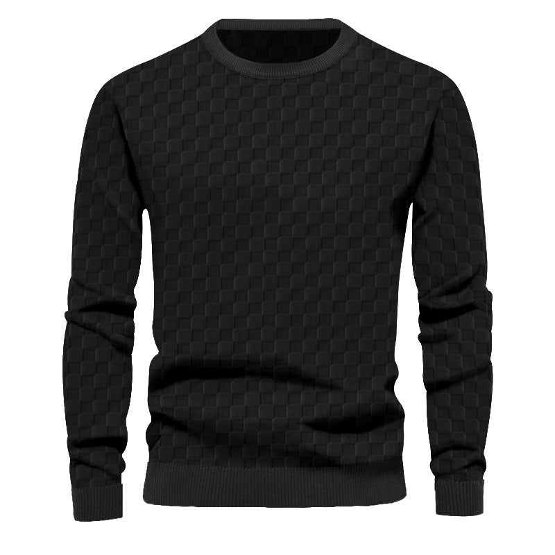 Men's Finely Structured Round Neck Sweater with Check Relief and Ribbed Cuffs