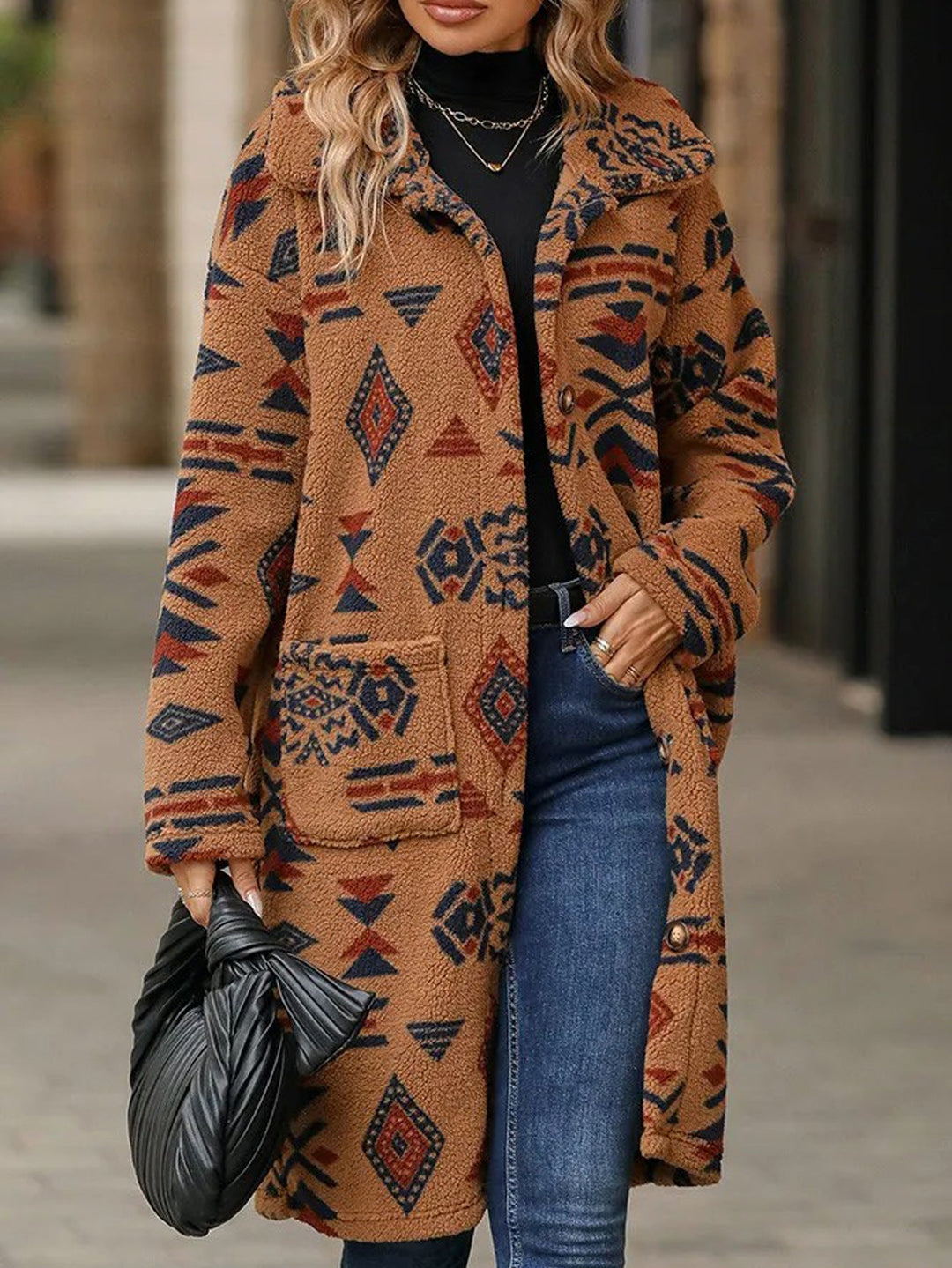 Women Teddy Coat with Aztec Pattern, Button Placket and Patch Pockets
