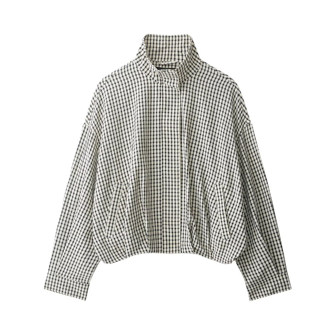 Women's Cropped Blouson Jacket in Boxy Cut with Stand Collar and Fine Check Pattern