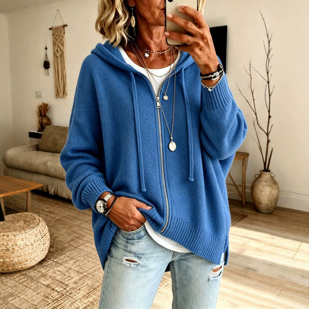 Women's Oversize Hooded Zip Cardigan made of Soft Fine Knit
