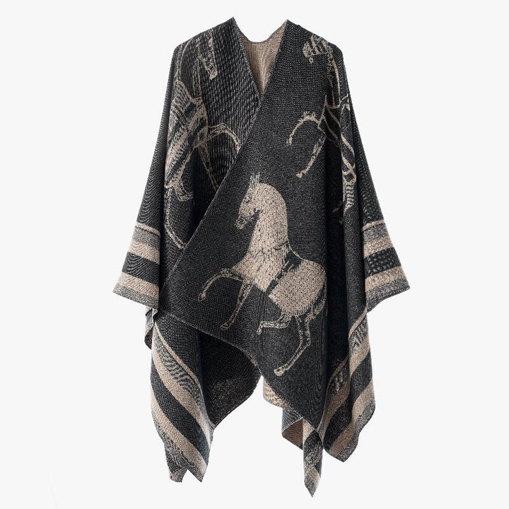 Women Jacquard Poncho Wrap with Horse Motif and Boxy Kimono Silhouette