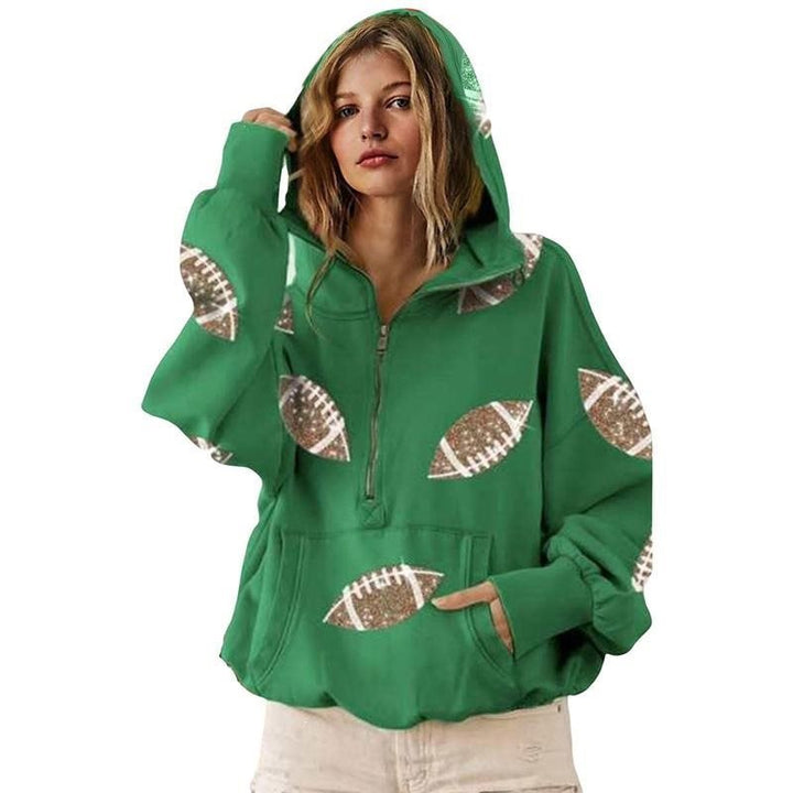 Women's Oversized Hoodie with Half Zipper and Sequin Football Application