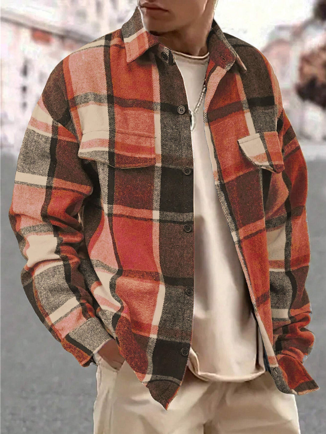 Men's Oversized Check Shirt Jacket made of Soft Flannel with Patch Chest Pockets
