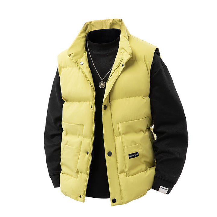 Men's Thermo Quilted Vest with High Collar Trim, Snap Button Front & Mounted Utility Pockets