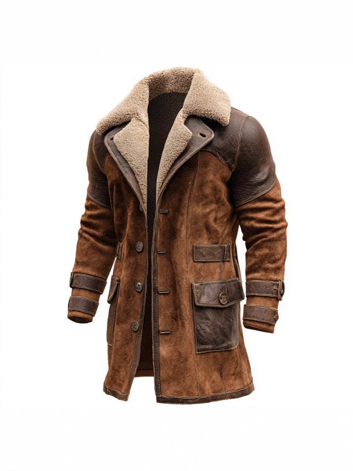 Men's Long Shearling Coat made of Suede with Leather Trim