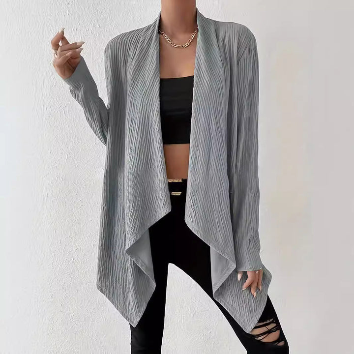 Women's Open Crinkle Cardigan with Waterfall Hem and Longline Silhouette