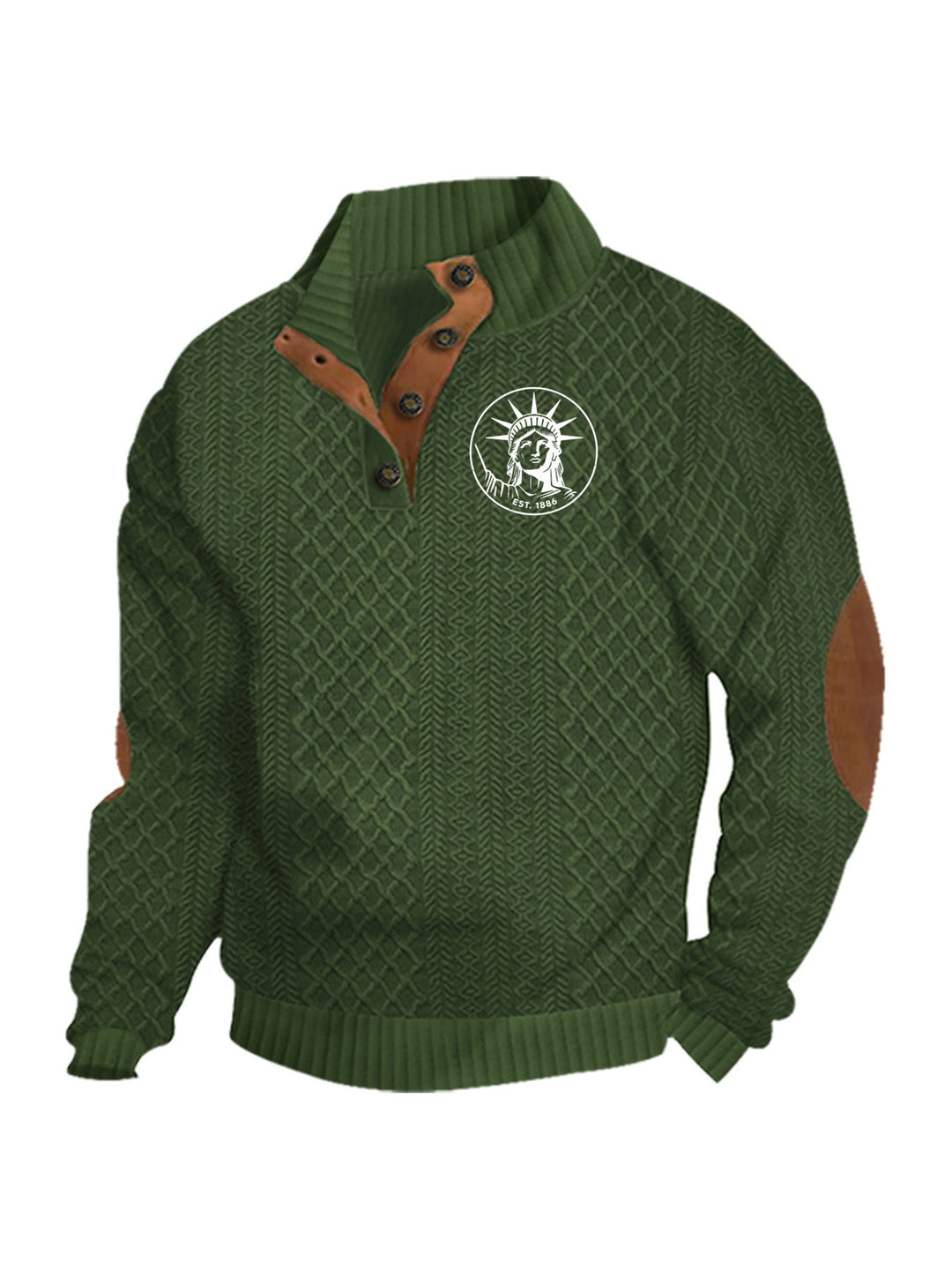 Men's Heritage Textured Pullover with Stand-up Collar Faux Leather Trim Elbow Patches and Half-button Placket