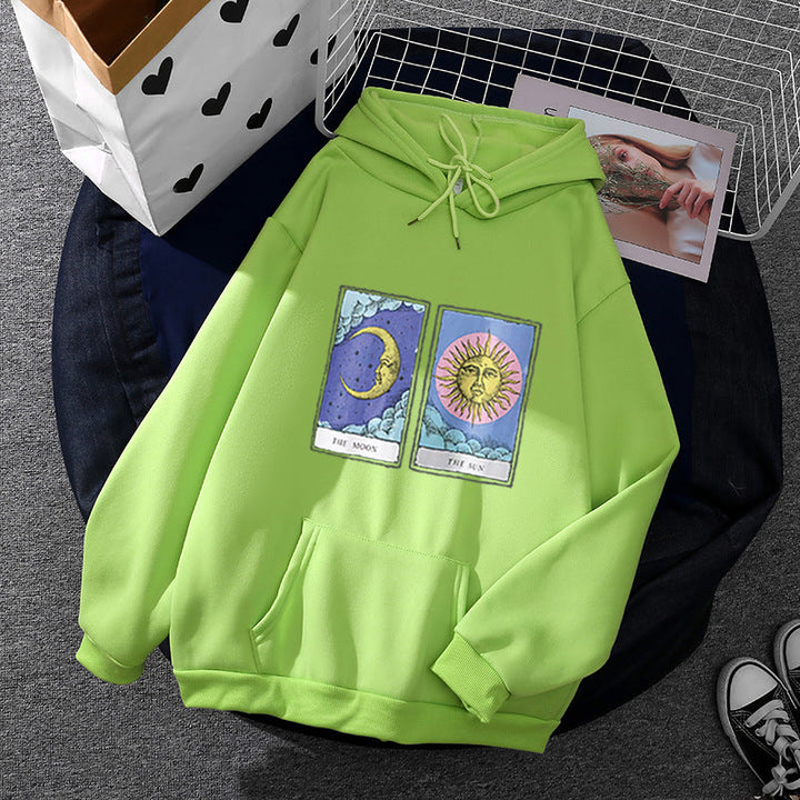 Women Light Oversized Hoodie with Heart EKG Motif, Long Cords and Elastic Cuff