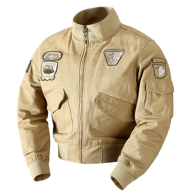Men's Canvas Pilot Blouson in Military Look with Stand-Up Collar, Utility Pockets, and Patch Applications