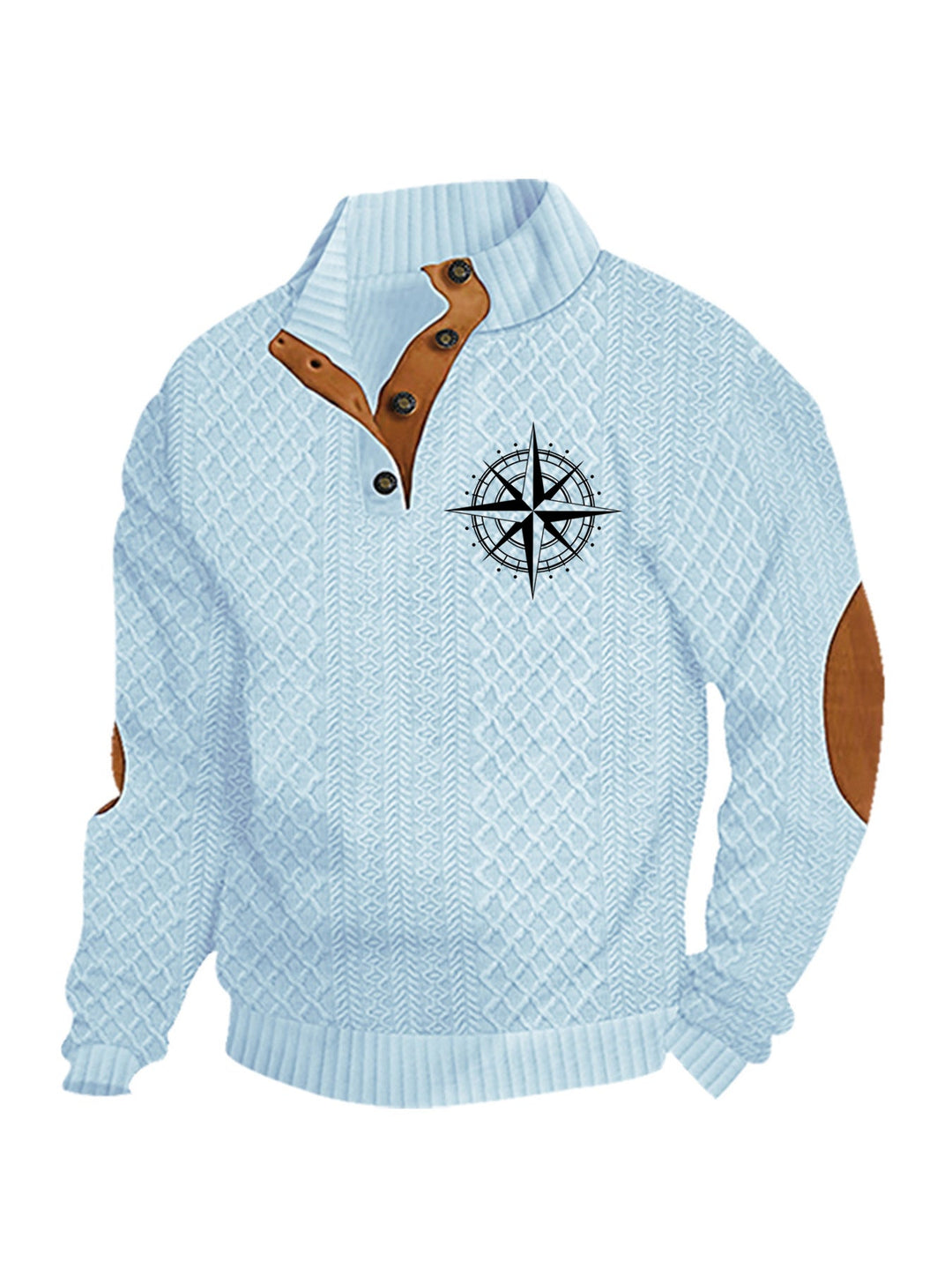 Men's Heritage Textured Pullover with Stand-up Collar Faux Leather Trim Elbow Patches and Half-button Placket