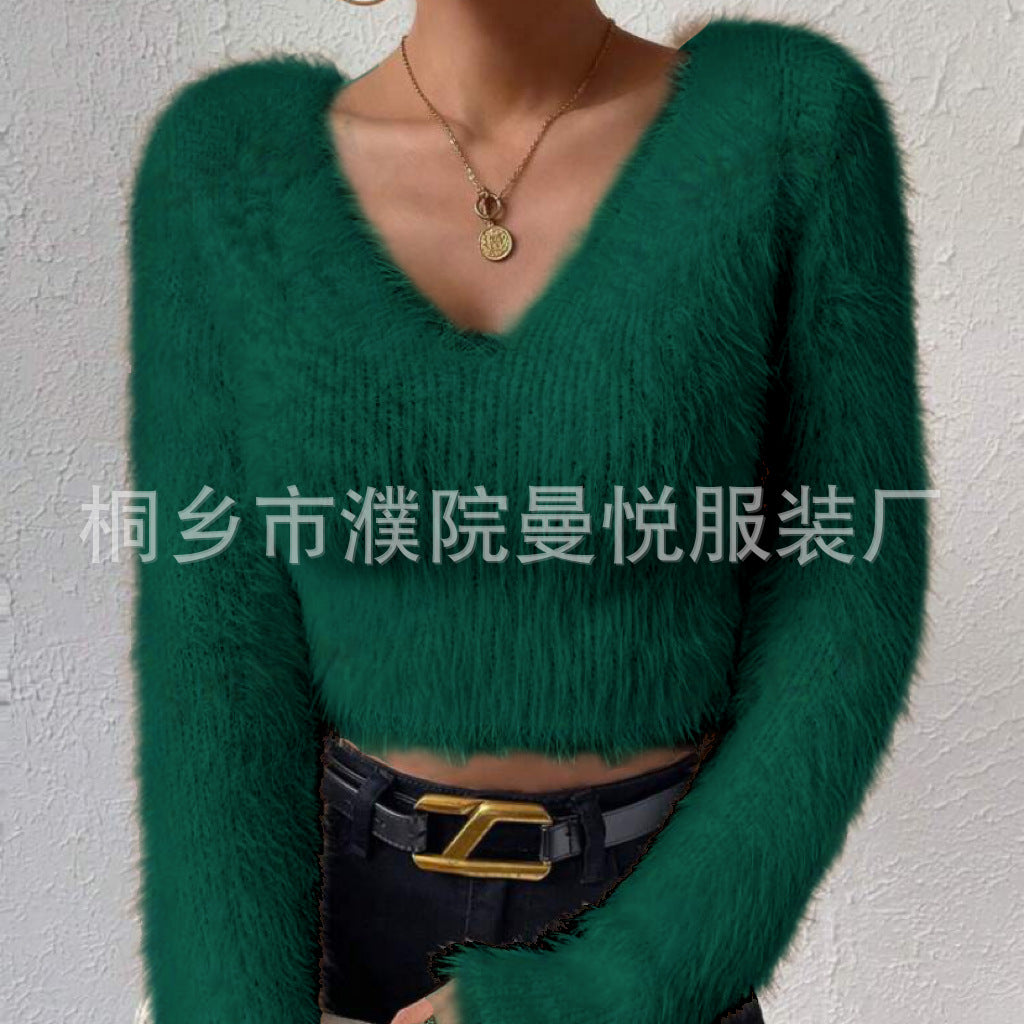Women's Fluffy Crop Sweater with V-Neck and Eyelash Structure