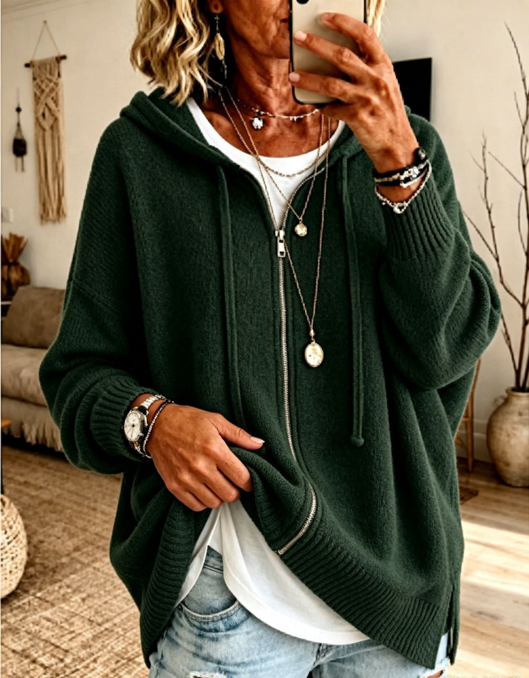 Women's Oversize Hooded Zip Cardigan made of Soft Fine Knit