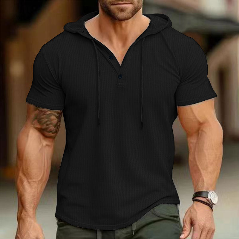 Men's Short Sleeve Hooded Polo with Three-button Placket and Fine Structured Jersey