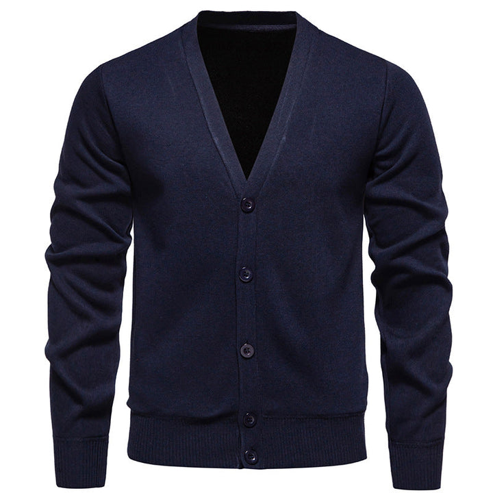 Men's Lightweight Fine Knit Cardigan with V-neck, Concealed Button Placket and Elastic Ribbed Cuffs