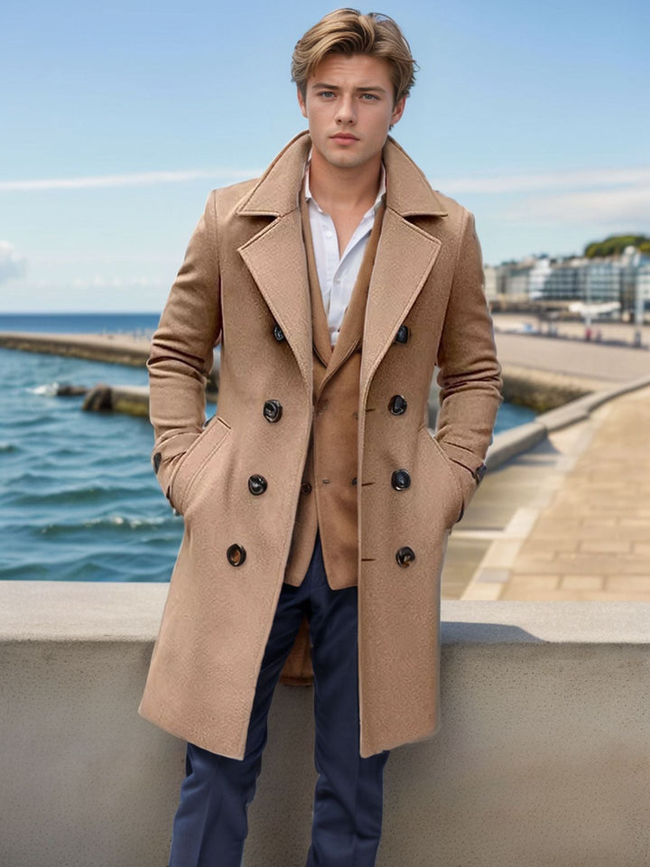 Men's Elegant Single-Breasted Long Coat made of Wool Blend with Slim Silhouette and Lapel Collar