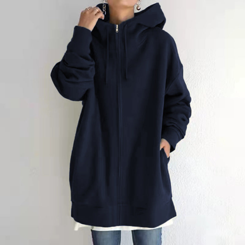 Women's Oversized Hooded Long Pullover with Zipper and Side Pockets