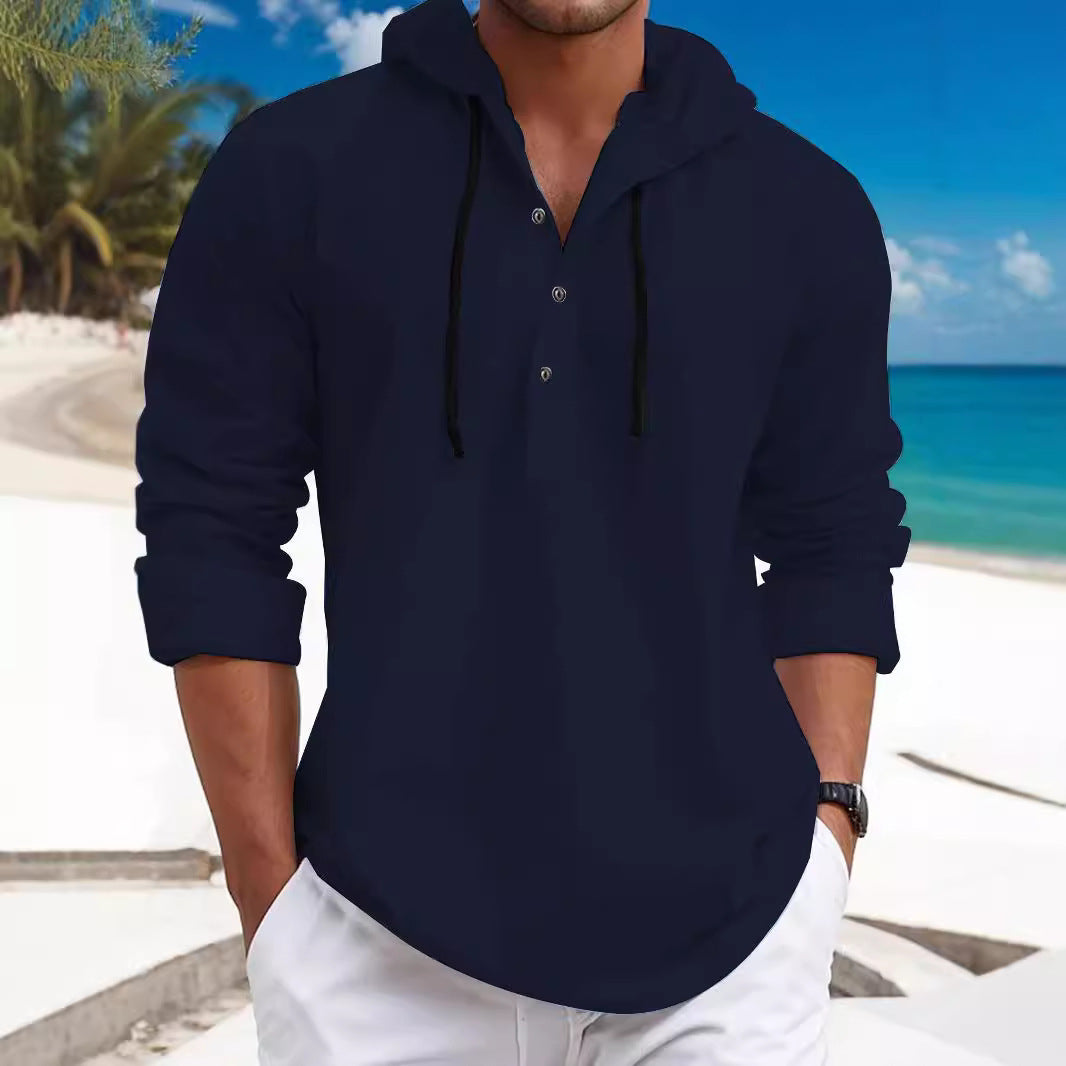 Men's Summer Hoodie Henley with Hidden Button Placket, Drawstring and Rounded Hem