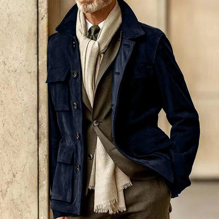 Men's Tailored Field Jacket with Tie Belt, Flap Pockets and Kent Collar