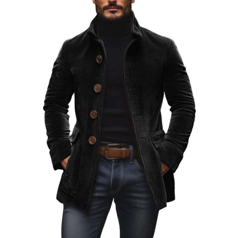 Men's Tailored Cord Coat with Stand-up Collar, Decorative Button Placket and Side Pockets