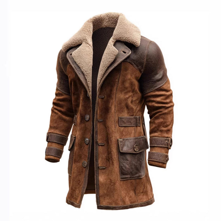 Men's Long Shearling Coat made of Suede with Leather Trim