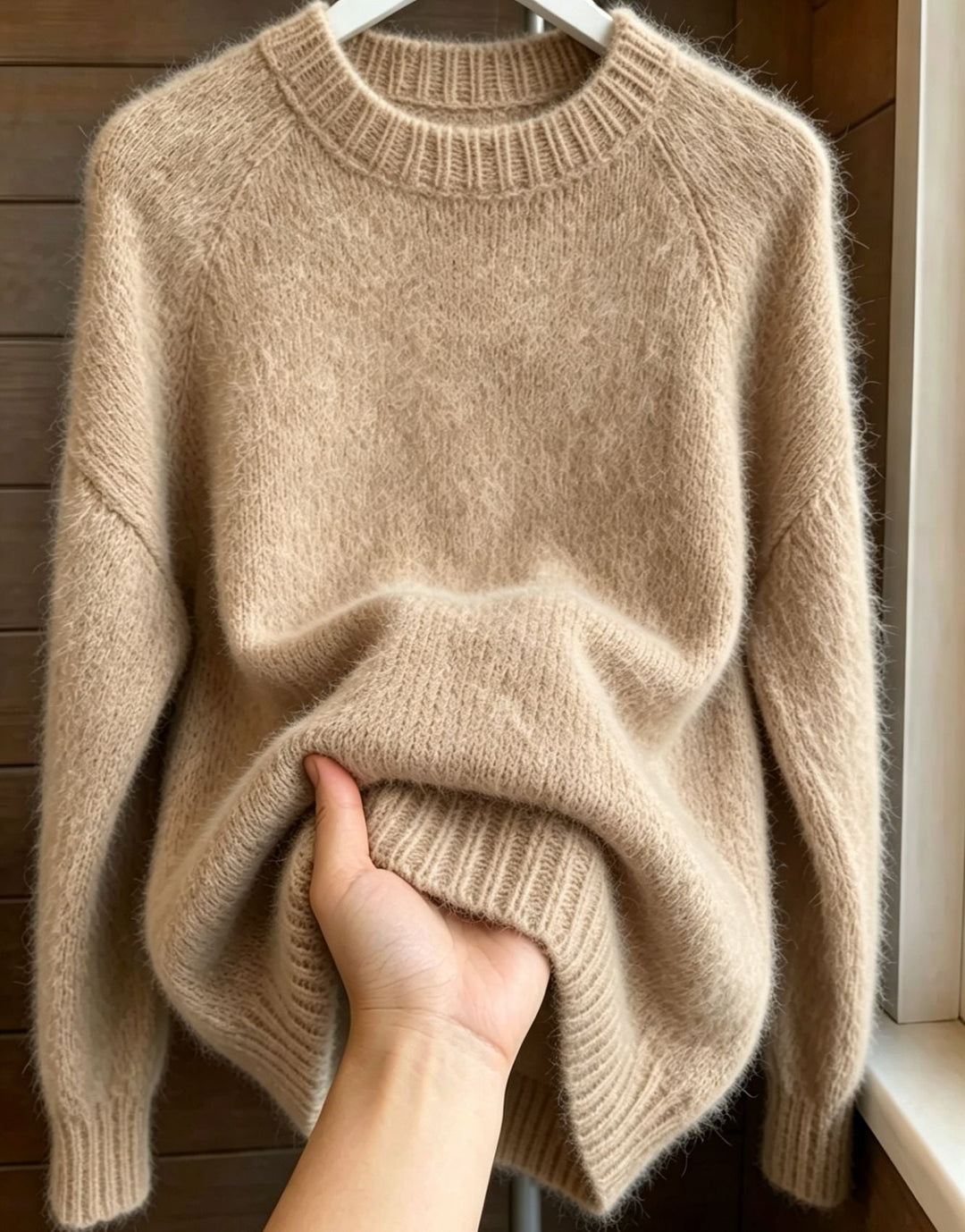 Women's Oversized Mohair-Mix Crew Neck Sweater with Raglan Sleeves and Ribbed Hem
