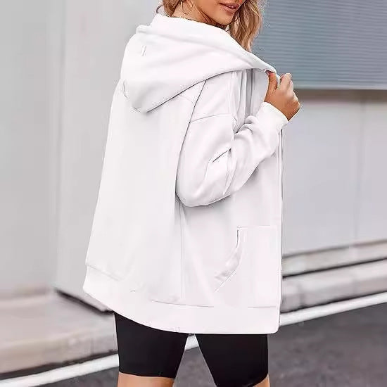 Women's Oversized Zip Hoodie with Contrasting Zipper, Double-layered Hood and Kangaroo Pocket