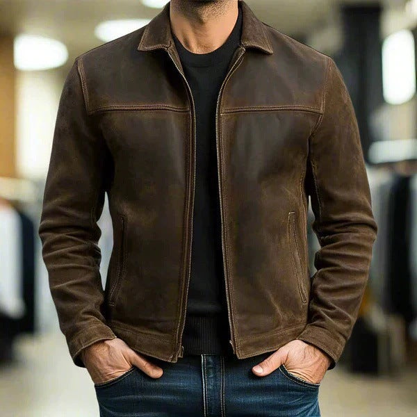 Men's Vintage Suede Jacket with Slim Fit and Zipper