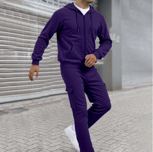 Men's Sporty Zip Sweat Set with Cargo Joggers, Ergonomic Seams, and Ribbed Cuffs