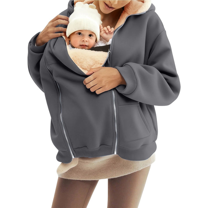 Women Baby Carrier Hoodie with Teddy Lining and Two-way Zipper