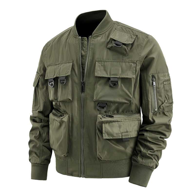 Men's Multifunctional Utility Bomber Jacket with Numerous Pockets, D-ring Details, and Wind-resistant Nylon Shell