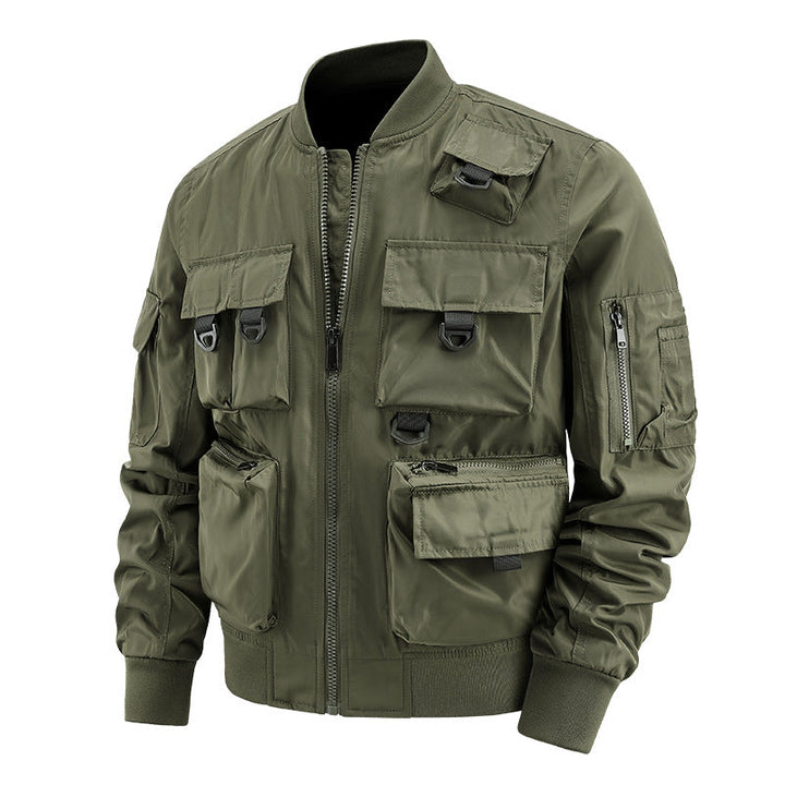 Men's Multifunctional Utility Bomber Jacket with Numerous Pockets, D-ring Details, and Wind-resistant Nylon Shell