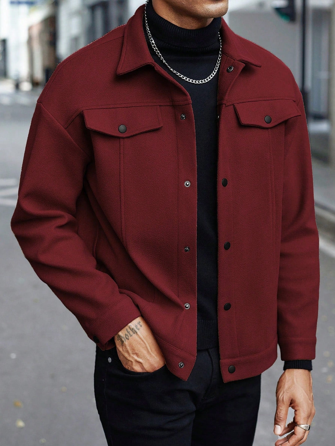Men's Shirt Jacket made of Wool Blend with Snap Buttons and Flap Pockets
