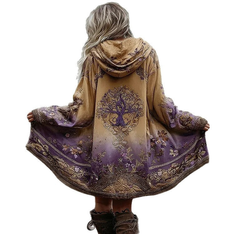Women's Boho Hooded Coat in Swing Cut with Tree Motif and Gradient