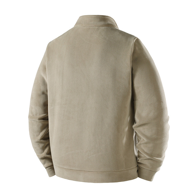 Men's Simple Velvet-Look Transitional Jacket with High-Closing Stand-Up Collar, Concealed Two-Way Zipper & Zip Pockets