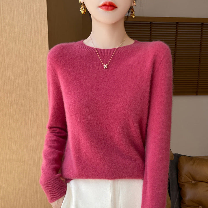 Women's Soft Mohair-Effect Round Neck Sweater with Fine Ribbed Hem and Light Oversize Fit