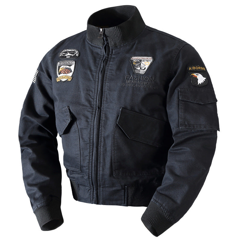 Men's Canvas Pilot Blouson in Military Look with Stand-Up Collar, Utility Pockets, and Patch Applications