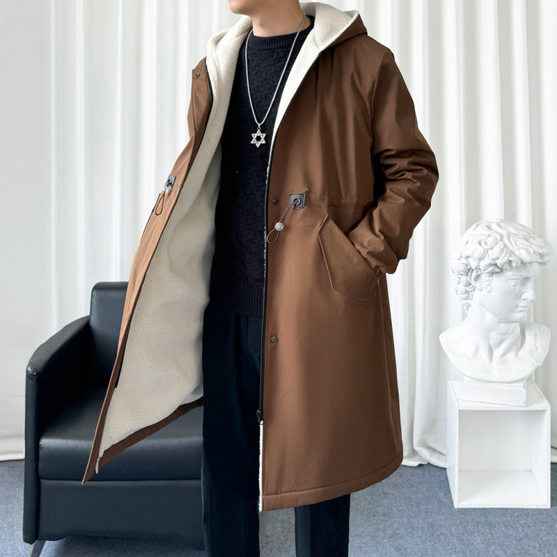 Men's Longer Water-repellent Hooded Coat with Drawstring, Concealed Zipper, and Flap Pockets