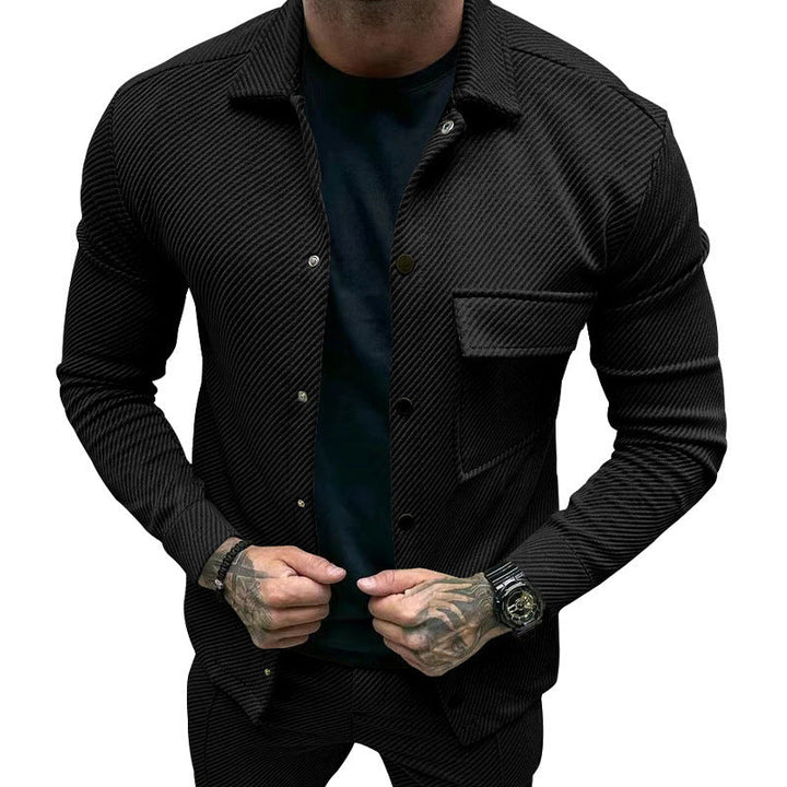Men's Slim Ribbed Structure Overshirt Jacket with Snap Button Closure and Chest Flap