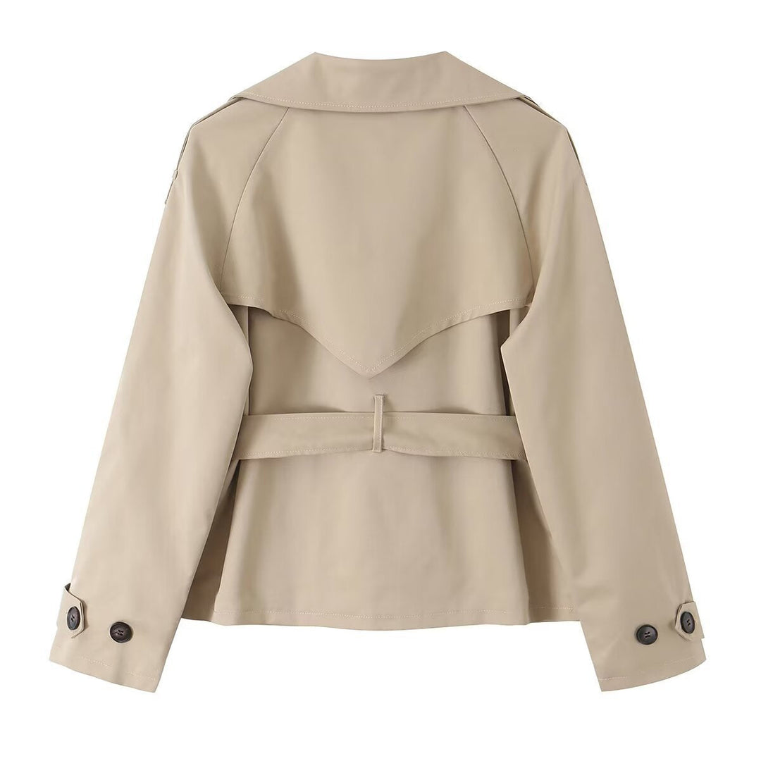 Women Lightweight Cropped Trench with Overlapping Shawl Collar and Waist Tie Belt
